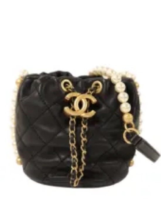 CHANEL Handbags - CHANEL Black Quilted Mini Bucket Bag with Gold CC and Pearl-Trim Strap